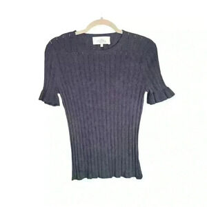 Pearl by LELA ROSE Short Sleeve Pointelle Knit Top Perforated Blue Size M